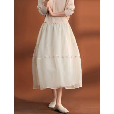 New Gentle Mid-Length Large Swing Cotton and Linen High Waist Skirt