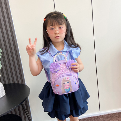 新款儿童书包幼儿园女童可爱卡通双肩包童趣珍珠手提PU轻便背包潮