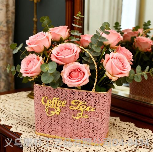 轻奢金边镂空手提篮 花艺装饰花器 客厅桌面收纳篮 咖啡茶桌装饰