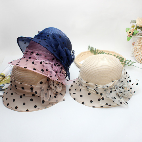 法式圆点礼帽女夏季时尚点点花朵欧根纱波点薄款可折叠渔夫帽洋气