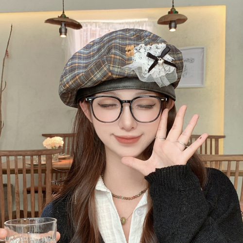 春秋季新款蕾丝花边蝴蝶结贝雷帽子女甜美百搭显脸小格纹云朵帽潮