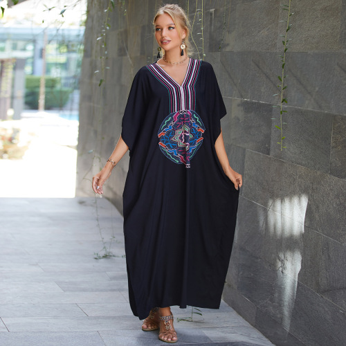 欧美胸前绣花沙滩外套长袍比基尼罩衫宽松大码度假连衣裙