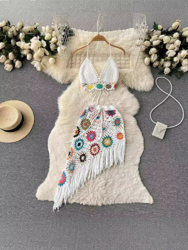 夏季波西米亚风针织镂空钩花挂脖V领抹胸上衣+不规则短裙两件套装