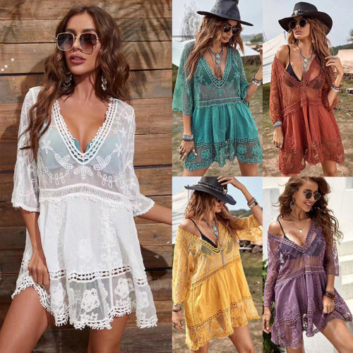 跨境沙滩防晒服性感蕾丝宽松度假沙滩罩衫裙比基尼泳衣镂空罩衫