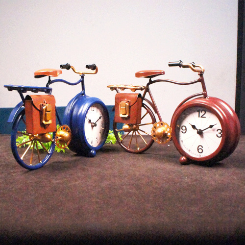 手工金属铁艺自行车时钟模型家居装饰品孩子的礼物质感带书包童年
