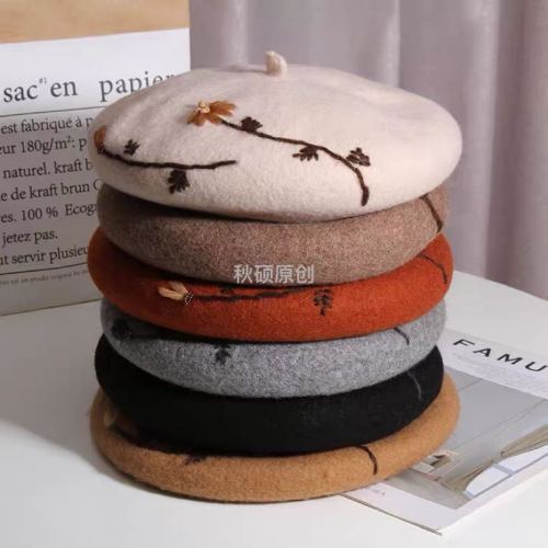 手工刺绣羊毛贝雷帽女英伦复古秋冬韩版百搭画家帽子蓓蕾帽潮文艺