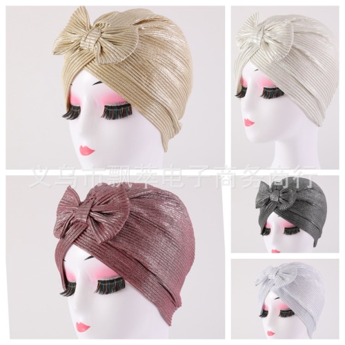 外贸新款女士高贵烫金压皱印度帽 头巾帽时尚蝴蝶结配饰源头现货