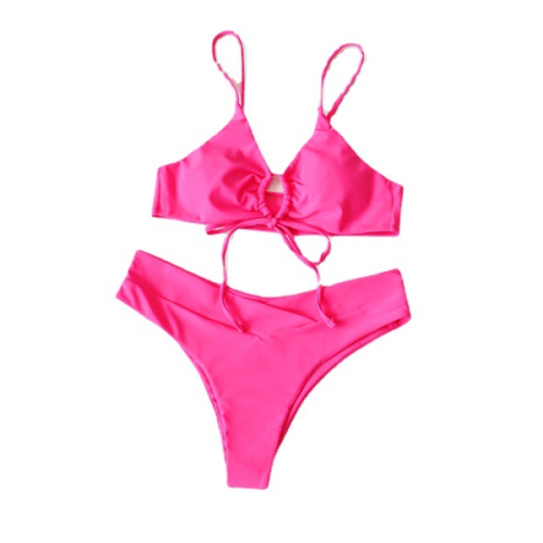 Six-Color Pure Color Tied Bow Split Swimsuit Female Sexy Foreign Trade European and American Bikini