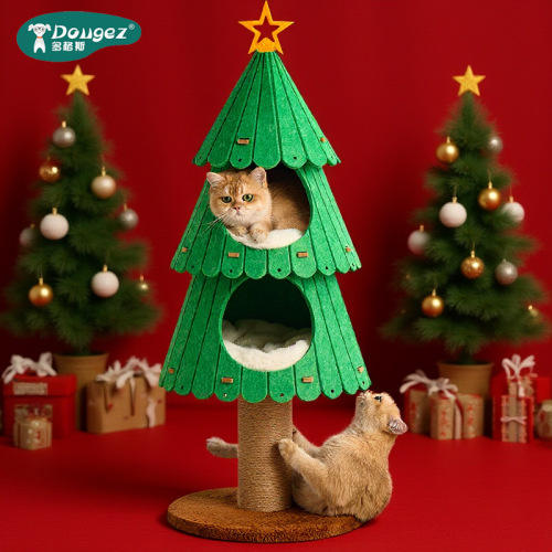 圣诞树猫爬架一体式猫窝剑麻猫抓柱耐抓毛毡不掉屑跨境圣诞礼品