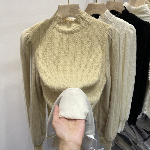 半高领加绒磨毛蕾丝小衫女长袖2022冬新款加厚内搭洋气打底衫上衣