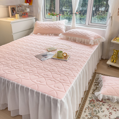 2023 Summer Ice Silk Latex Summer Mat Bed Skirt Three-Piece Princess Style Soft Mat Double-Layer Lace Bedspread Cover