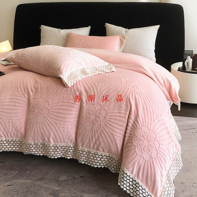2023 Winter Carved Heavy Weight Milk Fiber Plush Quilt Cover Plush Four-Piece Set Warm Quilt Cover Bed Sheet Coral Fleece