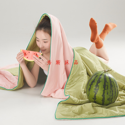 2024 Melon Summer Blanket Summer Cool Silk Ice Silk Airable Cover Machine Washable Thin Single Double Dormitory Quilt