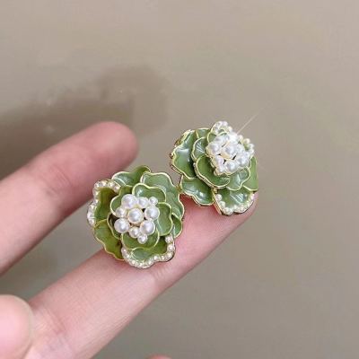 Camellia Sterling Silver Needle Three-Dimensional Fresh Green Stud Earrings Korean Sweet and Simple Elegant Design Special-Interest Earrings Fashion