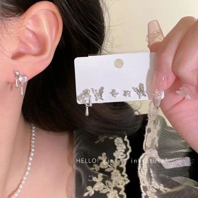 Sterling Silver Needle Six-Piece Set Butterfly Studs Female Niche Advanced Design Cold Style Love Heart Earrings Earrings Wholesale