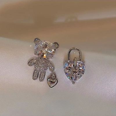 Sterling Silver Needle Korean Asymmetric Rhinestone Heart Bear Earrings Graceful Online Influencer Fashion Design Sense Earrings Earrings