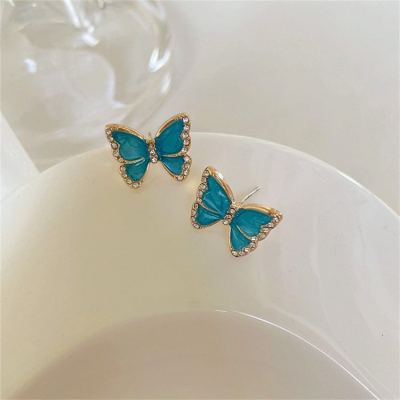 New Super White Retro Hong Kong Style Blooming Rhinestone Butterfly Studs Korean Simple Temperamental Exquisite Anti-Exposure Corsage