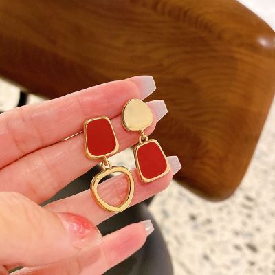 French Style Small Light Luxury Types A and B Stud Earrings Design Sense Real Gold Drip Glazed Hollow Stud Earrings Elegant High Sense All-Match Earrings