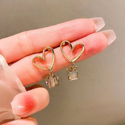New Chinese Style 925 Anti-Silver Needle Sweet Girl Love Square Diamond Crystal Stud Earrings Ins Style Fashion Love Personalized Earrings