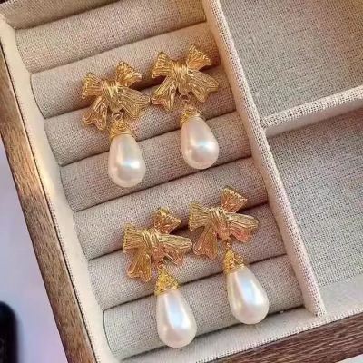 New Chinese Style Vintage Bow Pearl Earrings 925 Anti-Silver Needle Special-Interest Design Temperament Wild Sweet Earrings Women