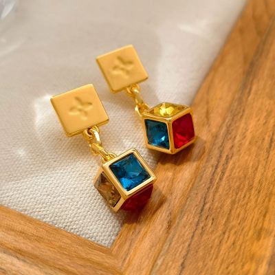 Sterling Silver Needle Light Luxury Chinese Style Elegant Contrast Color Square Geometric Ear Studs Creative Unique Design Earrings 1759