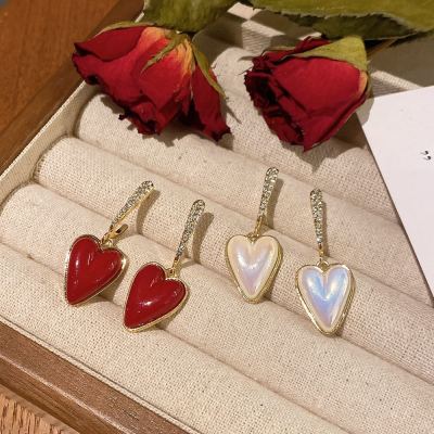 New Chinese Style 925 Anti-Silver Needle White Pearlescent Heart Personalized Earrings Women's High-Grade Red Sexy Heart-Shaped Earrings
