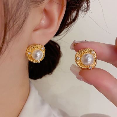 18K Real Gold Plating Simple Retro Hong Kong Style Stylish Good Texture Metal Pearl Stud Earrings Exquisite Elegant Wild Earrings
