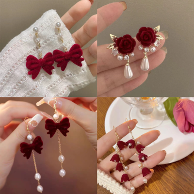 Autumn and Winter New Chinese Flocking Pearl Earrings Design Sense Simple Personality Temperament Red Chinese New Year Celebration Joyous Earrings