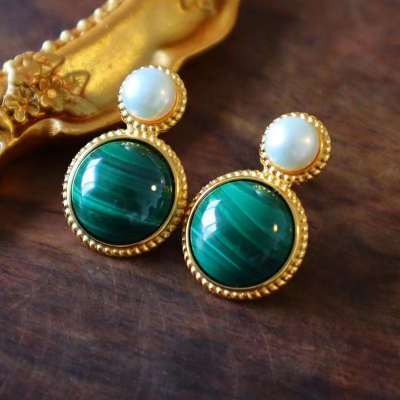 High Imitation Green Malachite Pearl Stud Earrings Sterling Silver Needle Simple Women's Fashion Earrings
