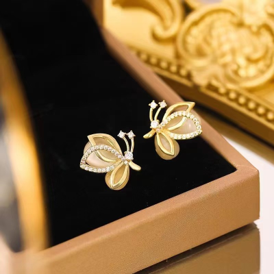 Sterling Silver Needle Diamond Opal Butterfly Studs Temperament Special Interest Light Luxury Earrings Fashion Commuter Ear Rings Women