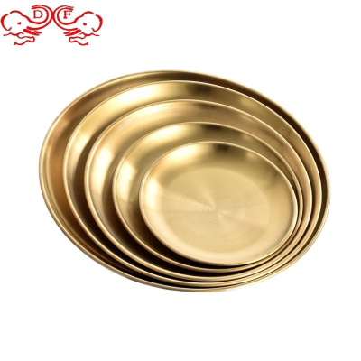 Df99251 Stainless Steel Korean Style Barbecue Plate Western Cuisine Plate Bone Dish Ins Decoration Golden Disc Tray round Plate