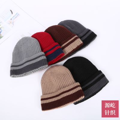 Korean Style Trendy Unique Striped Color Matching Knitted Sleeve Cap Japanese Harajuku Style All-Matching Warm Earflaps Woolen Hat