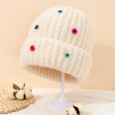 2023 New Button Plush Thickened Knitted Hat One Pack