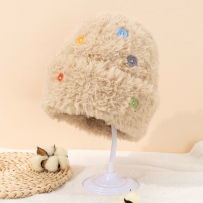 2023 New Plush Yarn Button Plush Thickened Knitted Hat One Top