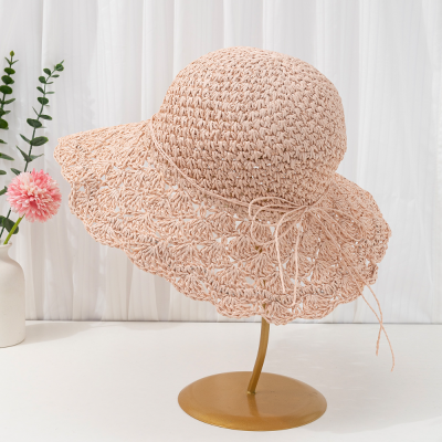 2023 New Spring/Summer Papyrus Foldable Lace Cutout Large Brim Simple Sun Protection Sun-Shade Fisherman Hat Cap