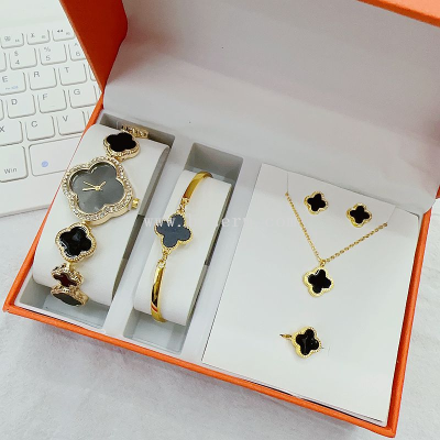 Cross-Border Clover Bracelet Watch Women's Necklace Bracelet Ring Eardrops Gift Box Five-Piece Jewelry Gift Watch