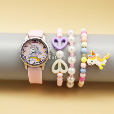Cross-Border Hot Selling Cute Cartoon Children Watch Bracelet Three-Piece Combination Cute Student's Watch Female Gift 