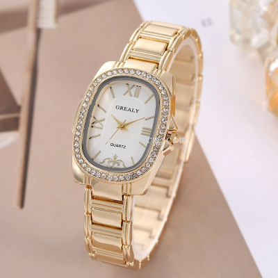Cross-Border Fashion Luxury Diamond Oval Metal Strap Bracelet Watch Female Temperament Quartz Watch Multiple Colors