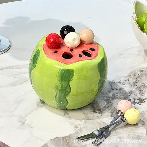 西瓜水果叉家用不锈钢轻奢高级感收纳罐套装儿童安全可爱叉子果签