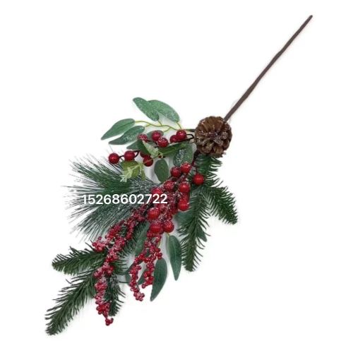 跨境亚马逊圣诞插枝红果松果冬青浆果圣诞花环圣诞藤条壁挂配件