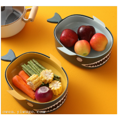 Shark Double-Layer Fruit Strainer Sieve Vegetable Drain Screen Rice Bowl Strainer Kitchen Thickened Washing Vegetable Basket Household 0779-1