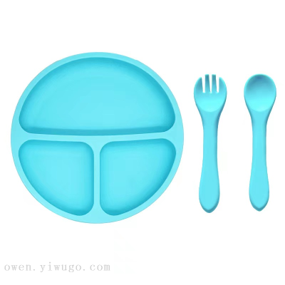 Hot Sale Drop-Resistant Silicone Plate Children's Sub-Format Sucker Solid Food Bowl Children Fork and Spoon Dinner Plate Bib Set 0825