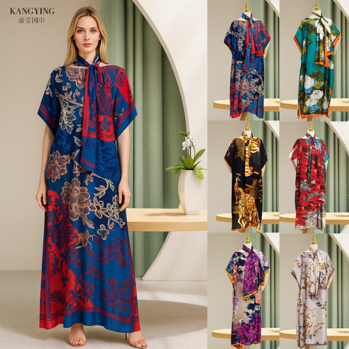 2025防晒披肩 跨境专供非洲时尚印花大袍 阿拉伯长袍包头围巾套装