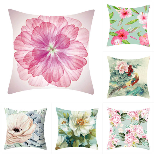 外贸亚马逊靠枕抱枕套短毛绒彩绘ins风花朵来图定制