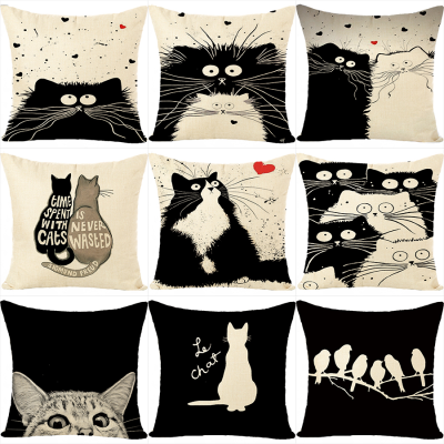 Cross-Border Amazon Black and White Cat Linen Pillow Cover Aliexpress Hot Sale Cute Creative Cartoon Cushion Pillowcase