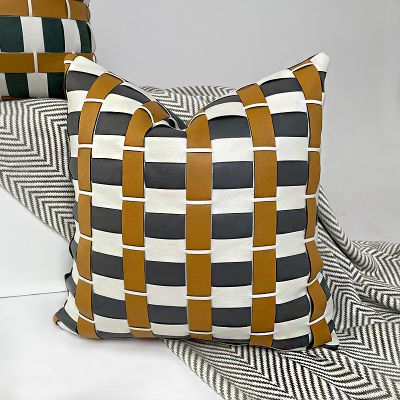 Foreign Trade Amazon Simple Plaid Pillow Cushion Sofa Cushion Nordic Pillow Cover Hand Woven Faux Leather