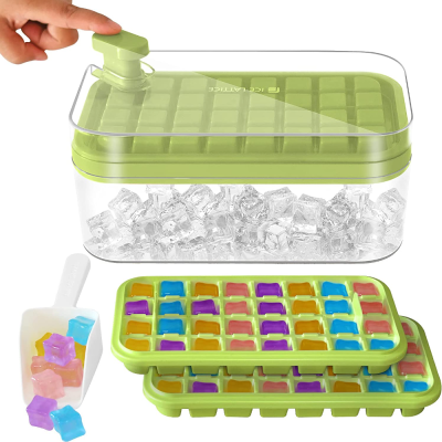2023 New Style Two Pick 64 Pcs Ice Cube Making for Freezer with Lid and scoop Ice Cube Tray