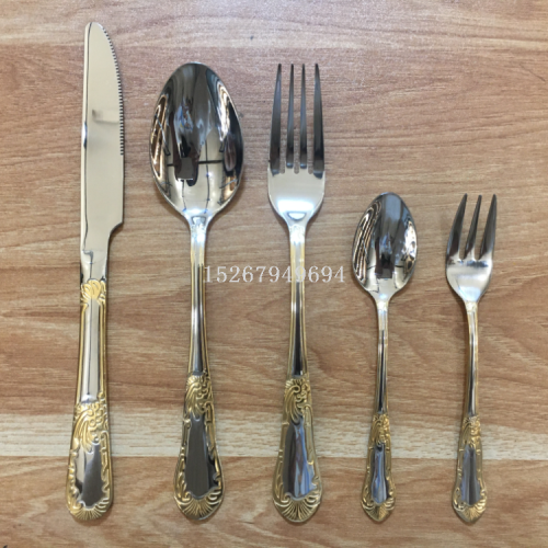 410 Stainless Steel Tableware Knife， Fork and Spoon Tea Fork Tea Spoon Cloth Wheel Polished Gold Plated Series C