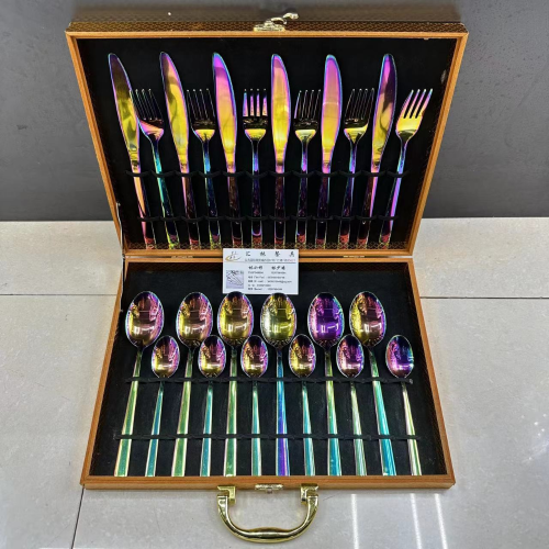 [huilin] stainless steel tableware wooden box 24-piece set square toe colorful steak knife， fork and spoon tea spoon