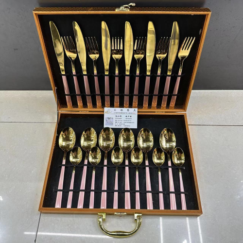 Stainless Steel Tableware Wooden Box 24-Piece Set Small Square Head Pink Gold Knife， Fork， Spoon and Tea Spoon Cross-Border Hot Selling Gift Box Set